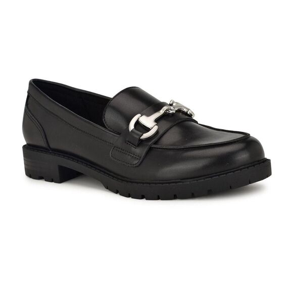 Nine West Chunky Lug Sole Metal Chain Faux Black Leather Platform Loafers US 7 - Picture 1 of 6